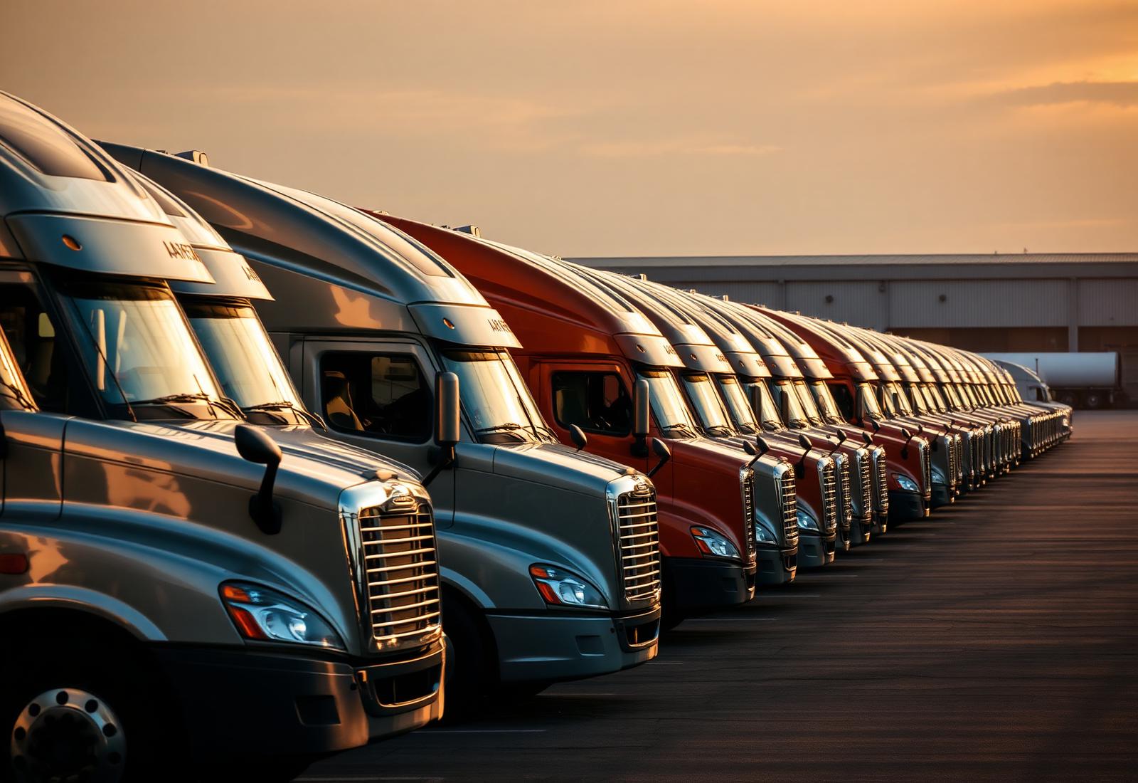 Fleet of Romano Trucking semi-trucks lined up