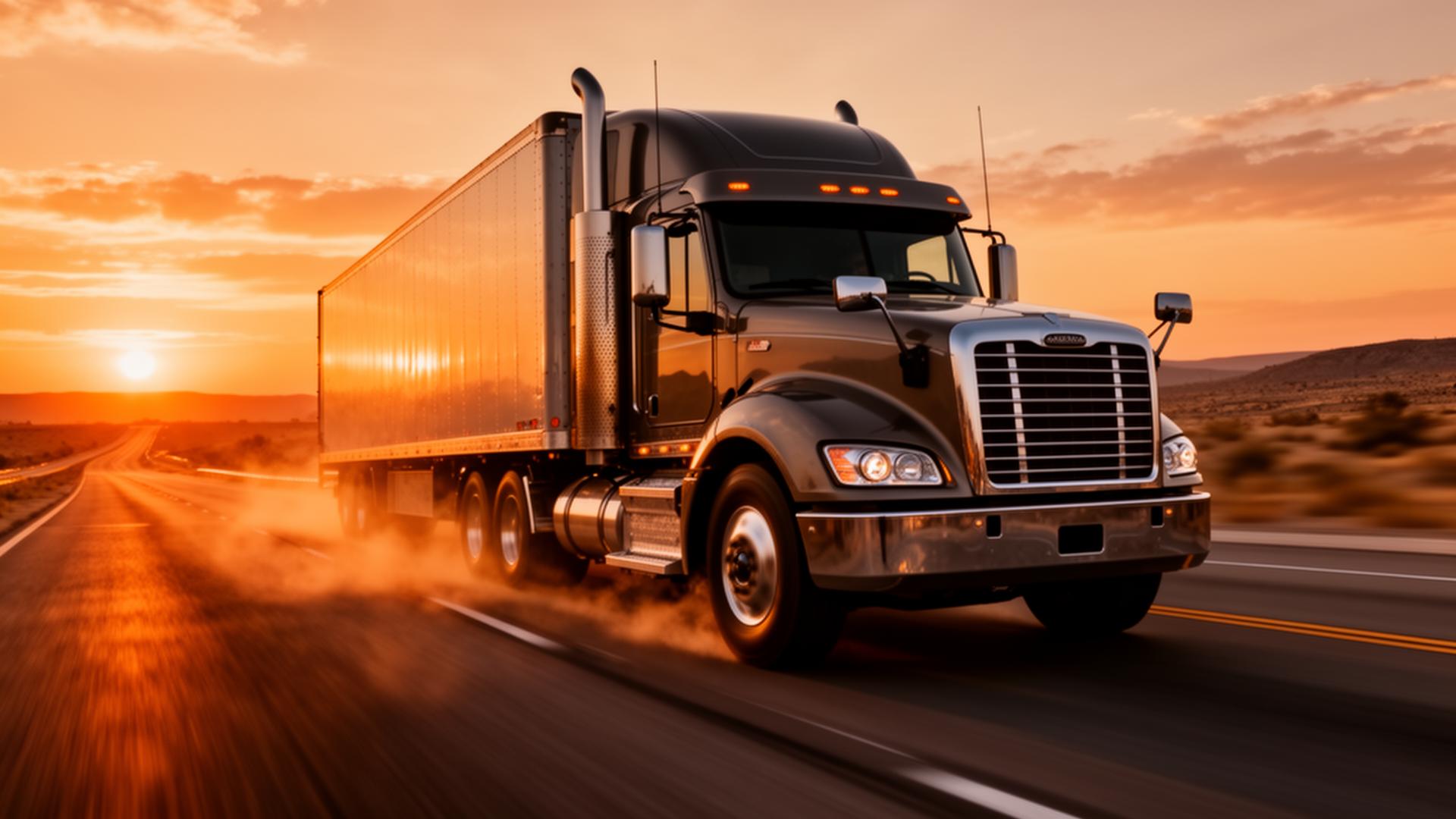 Romano Trucking semi-truck on an American interstate at sunset